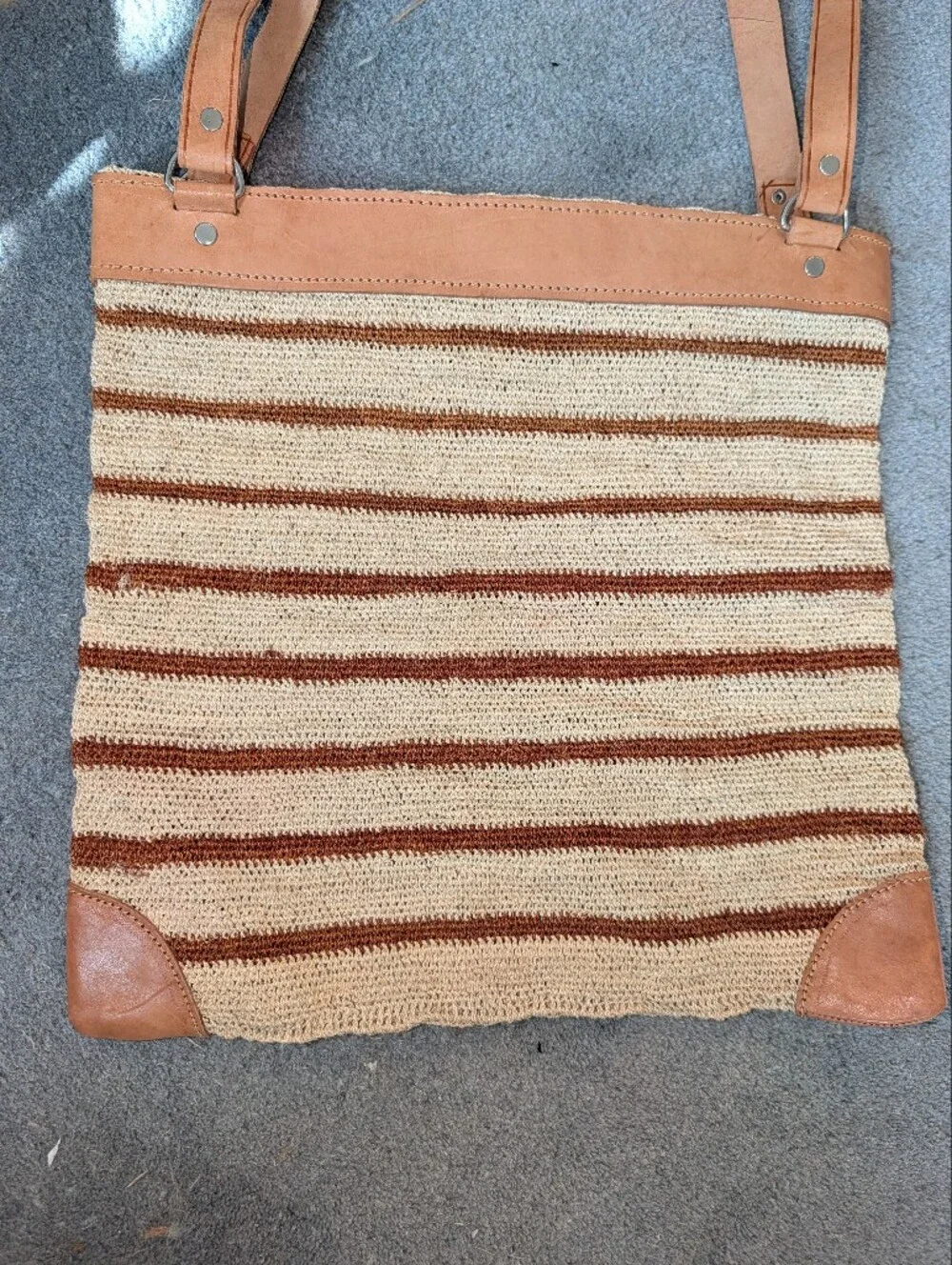 Tan Striped Woven Tote Bag Leather Trim